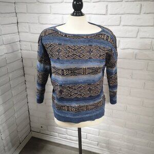 Chaps Denim Ladies Size Large Blue & Tan Linen Blend 3/4 Sleeves Sweater